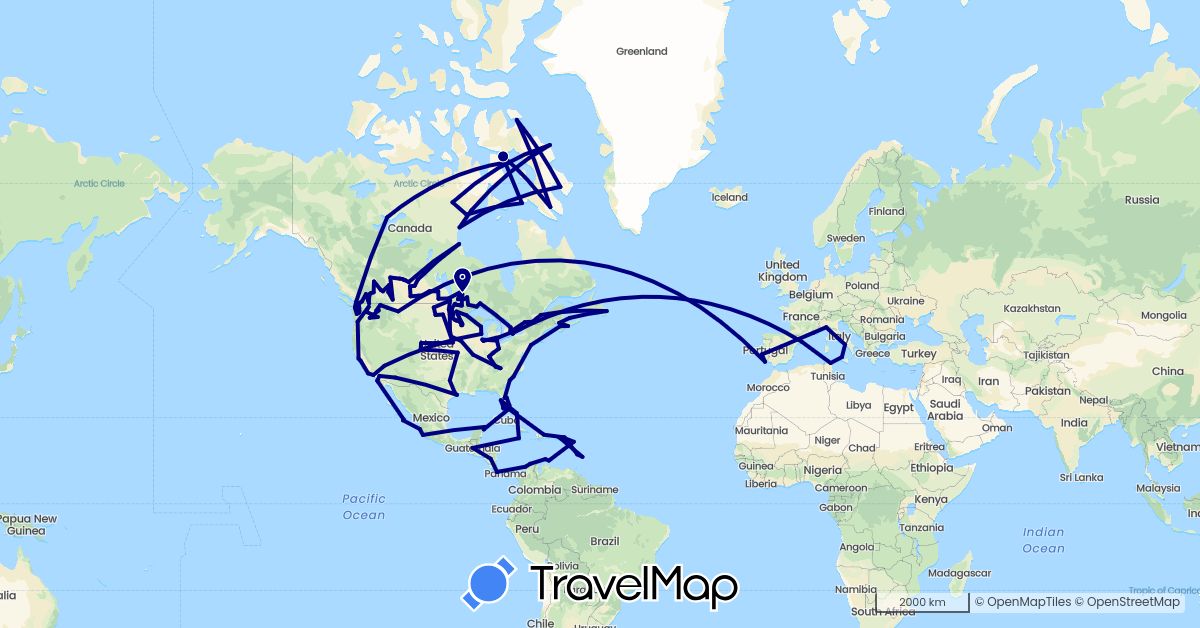 TravelMap itinerary: driving in Antigua and Barbuda, Barbados, Bahamas, Canada, Colombia, Costa Rica, Dominican Republic, Spain, France, Guatemala, Italy, Jamaica, Saint Lucia, Mexico, Nicaragua, Netherlands, Portugal, Tunisia, United States, British Virgin Islands (Africa, Europe, North America, South America)